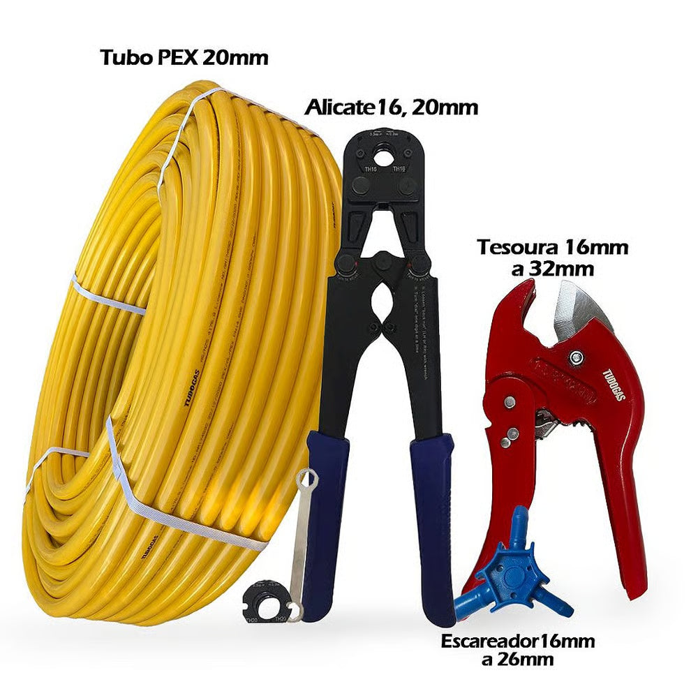Kit 50Mt Tubo Pex 20mm+Alicate+Tesoura+Escareador Tudogás