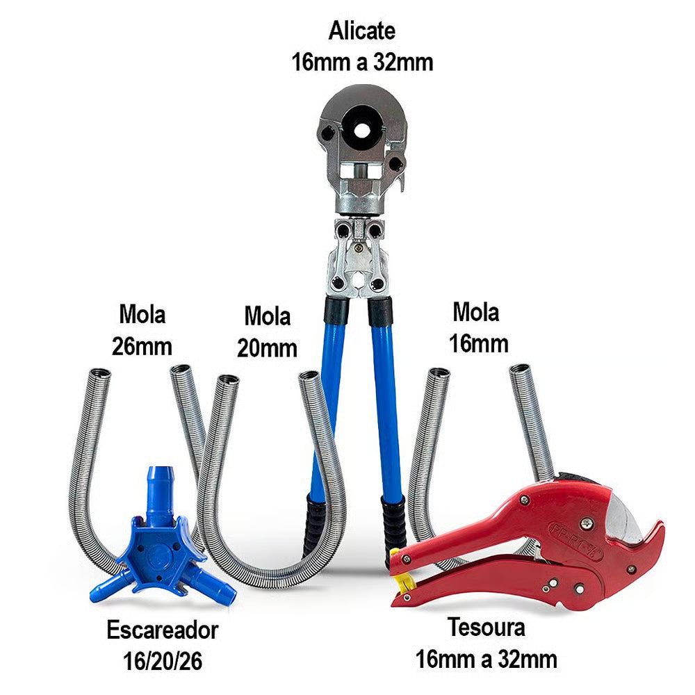 Alicate Prensa Tubo Pex 16mm a 32mm + Escareador + Mola + Tesoura Corta Tubo Tudogás