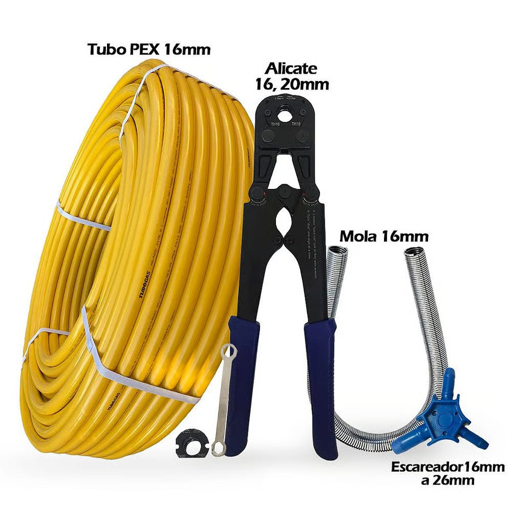 Kit 50Mt Tubo Pex 16mm+Alicate+Escareador+Mola 16mm Tudogás