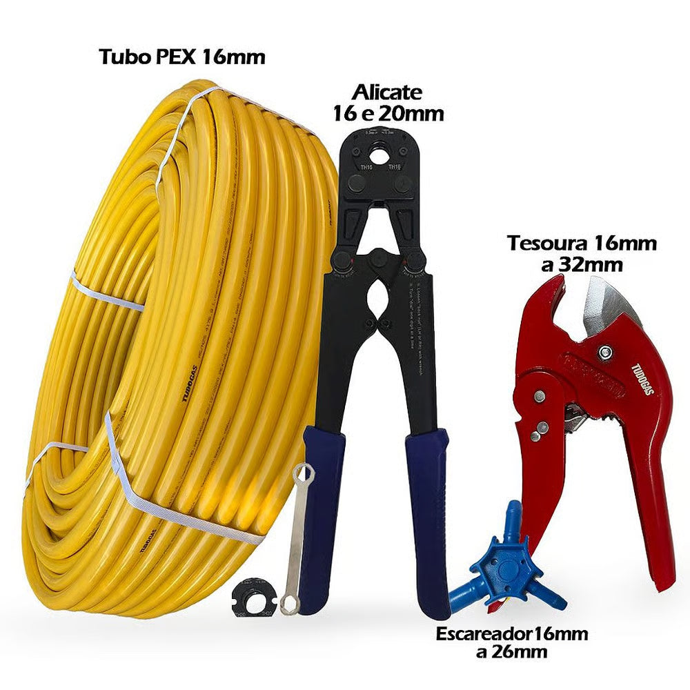 Kit 100Mt Tubo Pex 16mm+Alicate+Tesoura+Escareador Tudogás