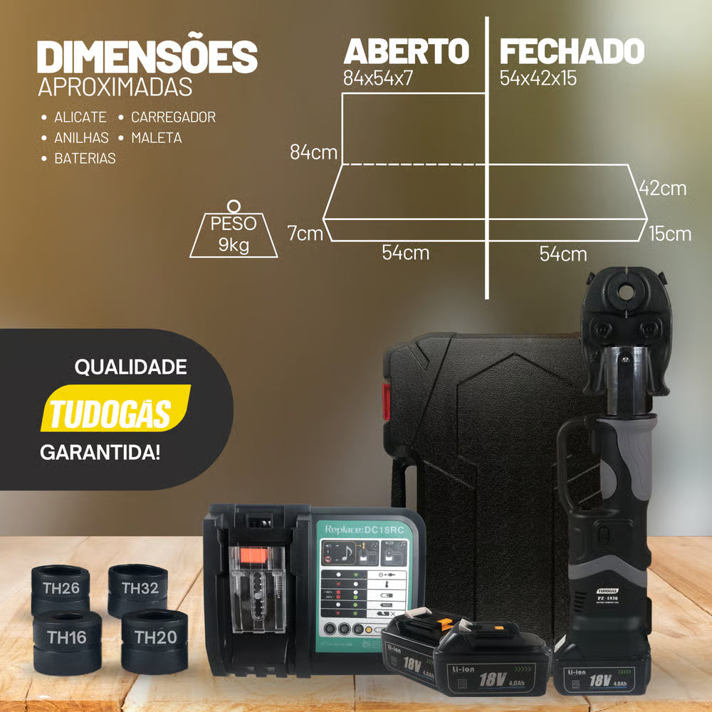 Alicate Bateria P/ Prensar Conex (th) Pex 16mm, 20mm, 26mm e 32mm Tudogás