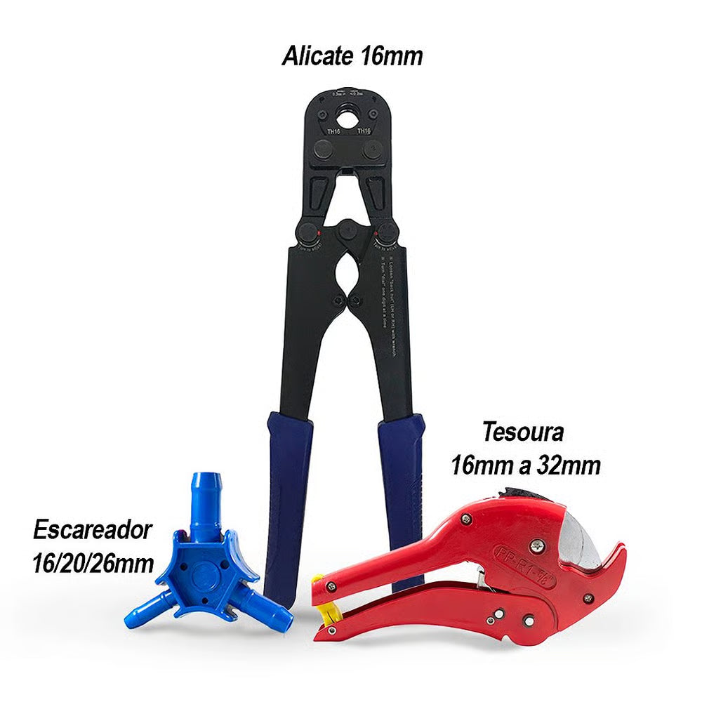Kit Alicate Prensa Tubo Pex 16mm + Tesoura 16mm a 32mm + Escareador 16/20/26 Mm