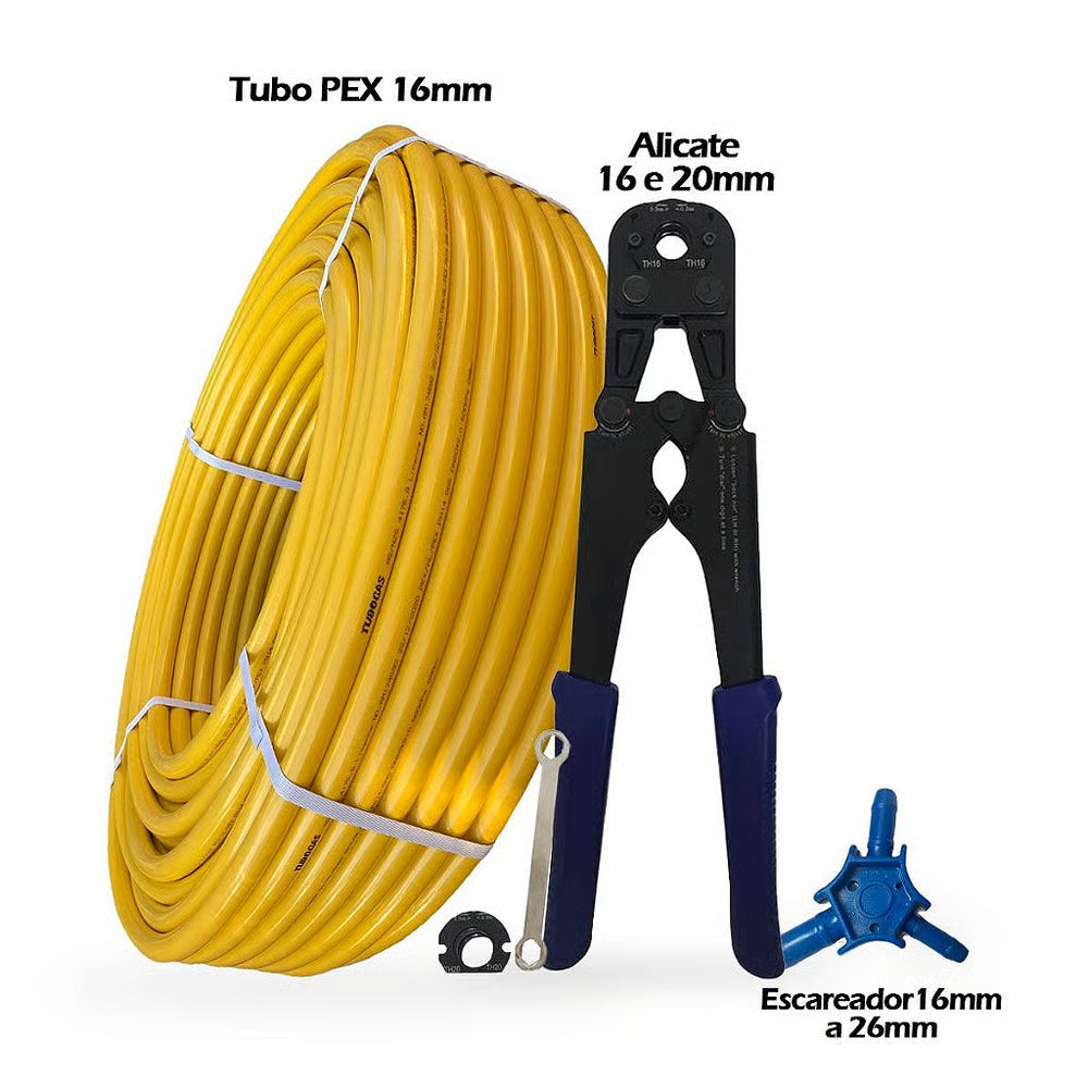Kit 100mt Pex 16mm + Alicate 16/20 + Escareador