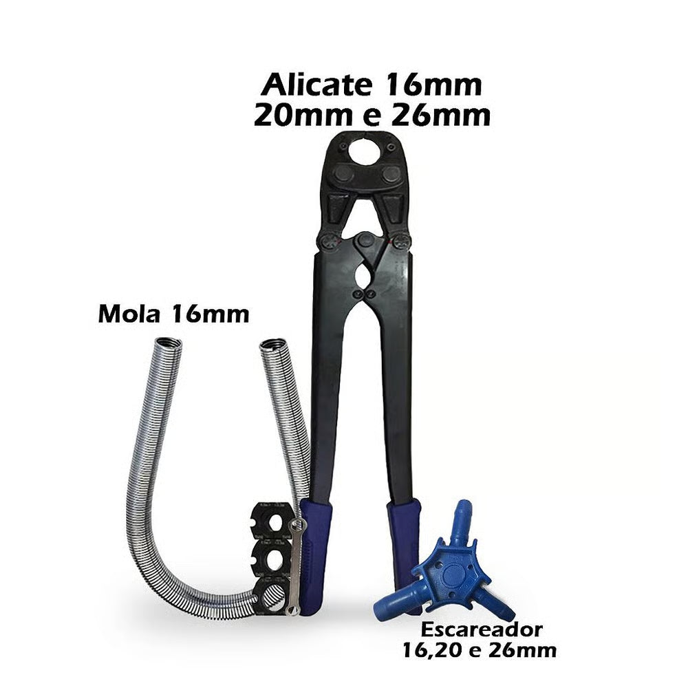 Kit Alicate Prensa Tubo Pex 16/20/26mm + Escareador 16/20/26mm + Mola 16mm
