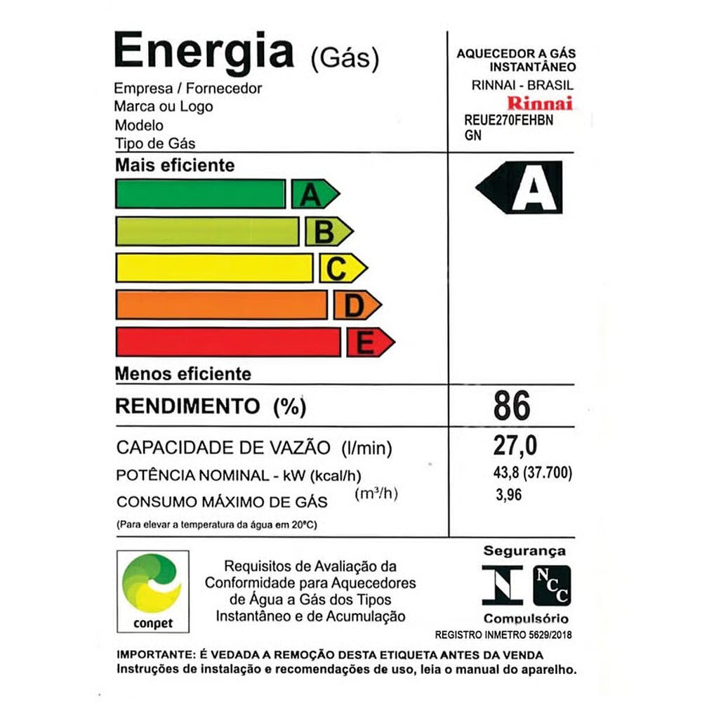 Aquecedor a Gás GN Rinnai REU E27 Prata 27 Litros