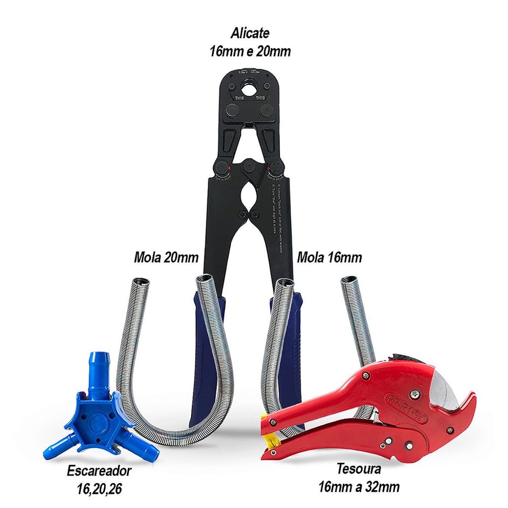 Kit Alicate Prensa Tubo Pex 16/20mm + Escareador + Mola 16/20mm + Tesoura