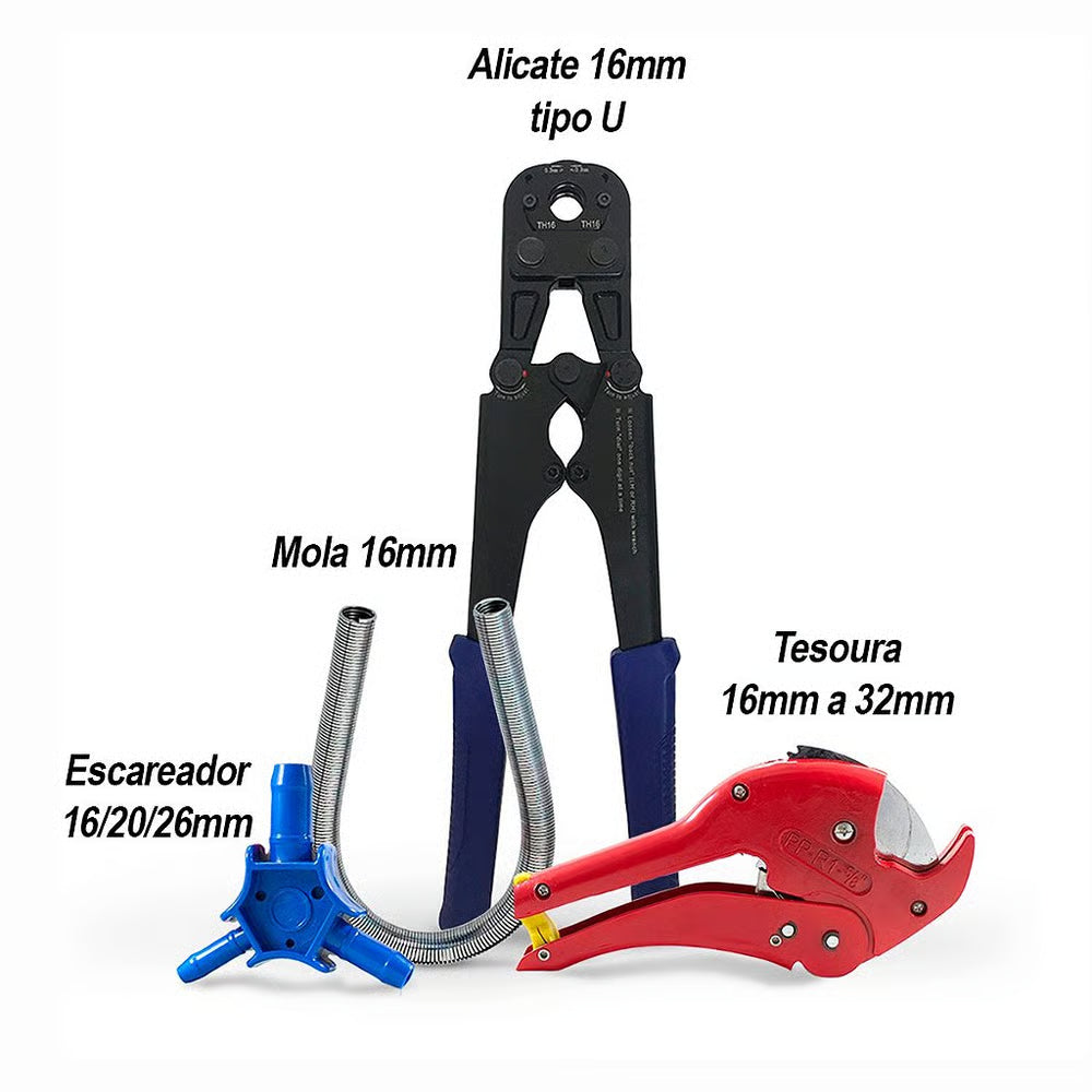 Kit Alicate Tubo Pex 16mm TipoU+Tesoura+Escareador+Mola