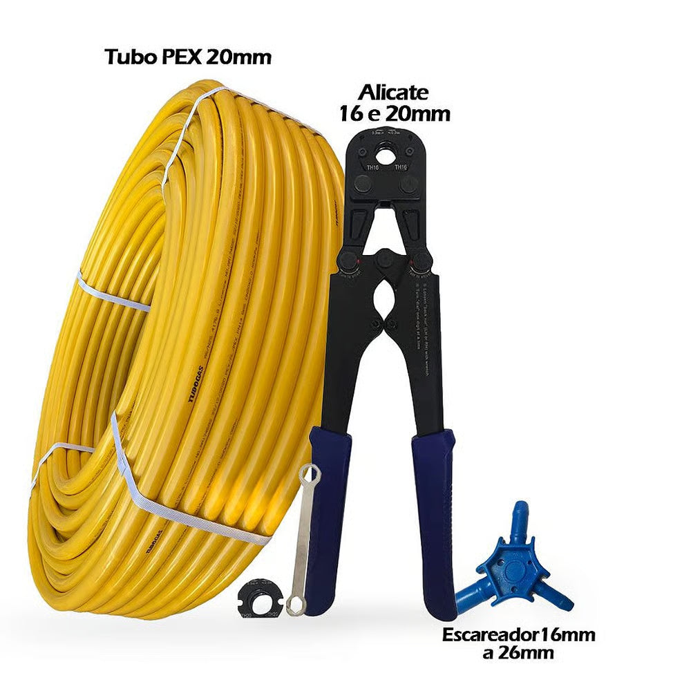 Kit 50Mt Tubo Pex 20mm+Alicate 16/20mm+Escareador Tudogás