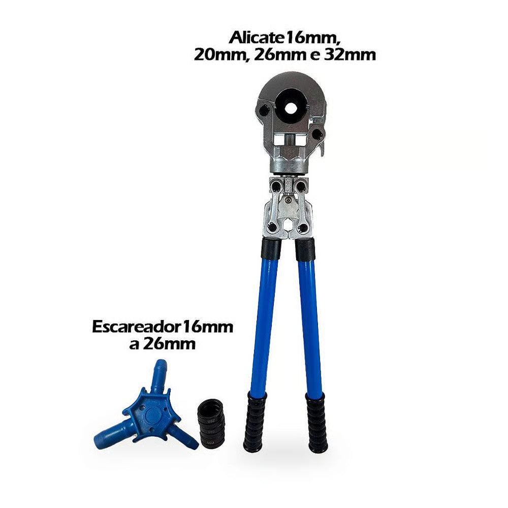 Alicate Prensa Tubo Pex 16mm a 32mm + Escareador Tudogás