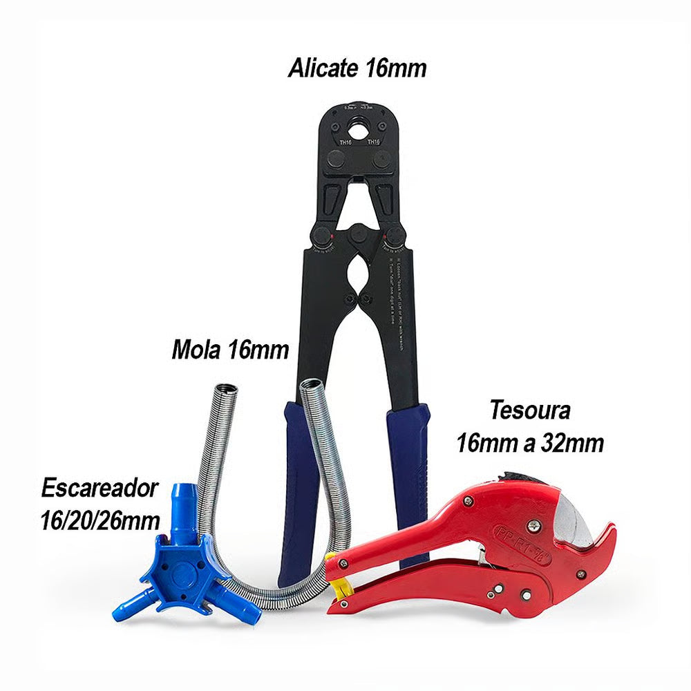 Kit Alicate Prensa Tubo Pex 16mm + Tesoura Corta Tubo + Escareador+ Mola