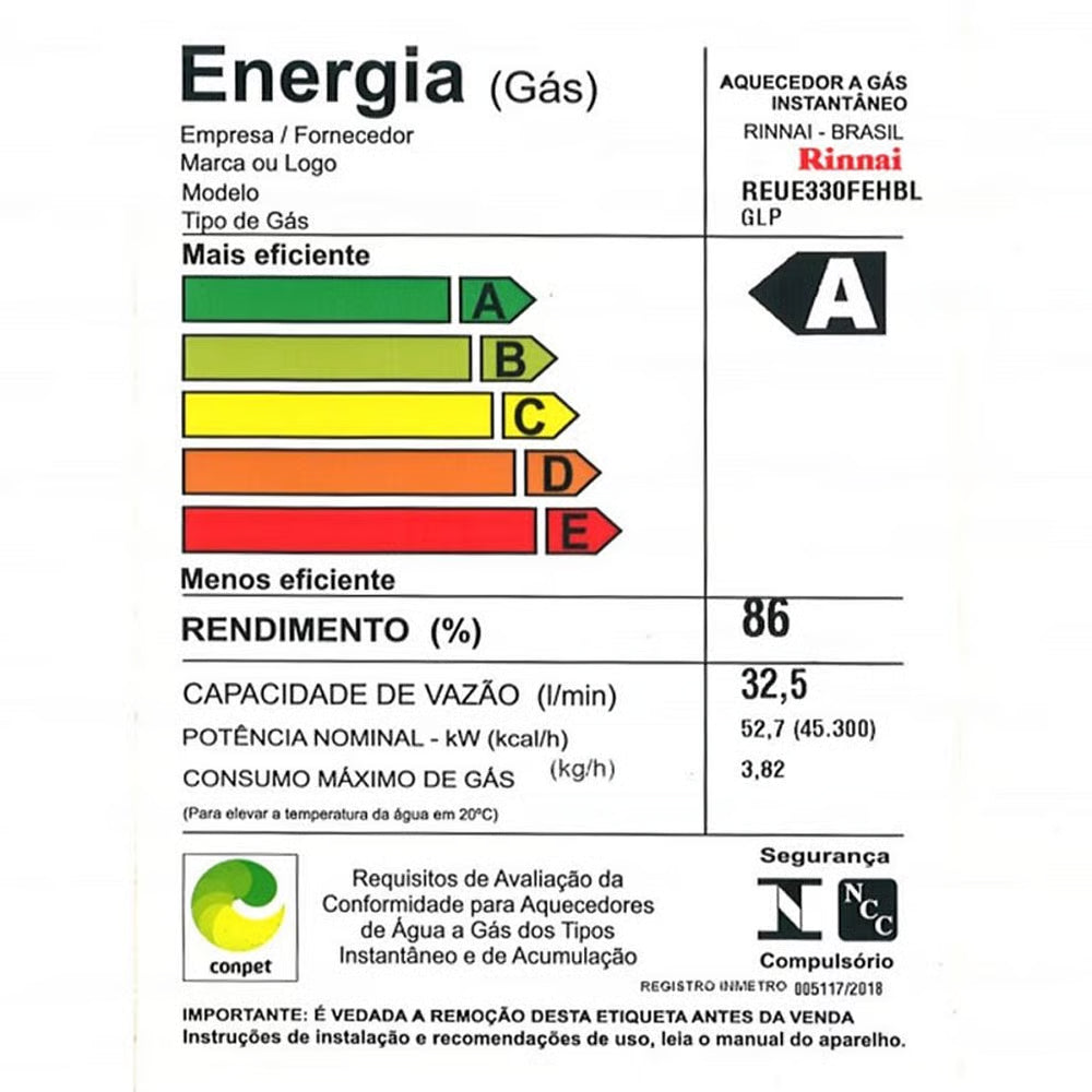 Aquecedor a Gás GLP Rinnai E33 FEHP Black 32,5 Litros