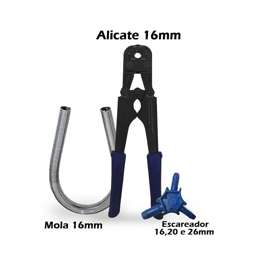 Kit Alicate Prensa Tubo Pex 16mm + Escareador 16/20/26 Mm + Mola 16mm